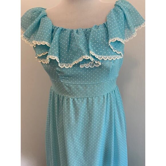 VTG 70s Boho Maxi Dress Blue Polka Dot Prairie Country Ruffle Gunne Handmade - Picture 9 of 16